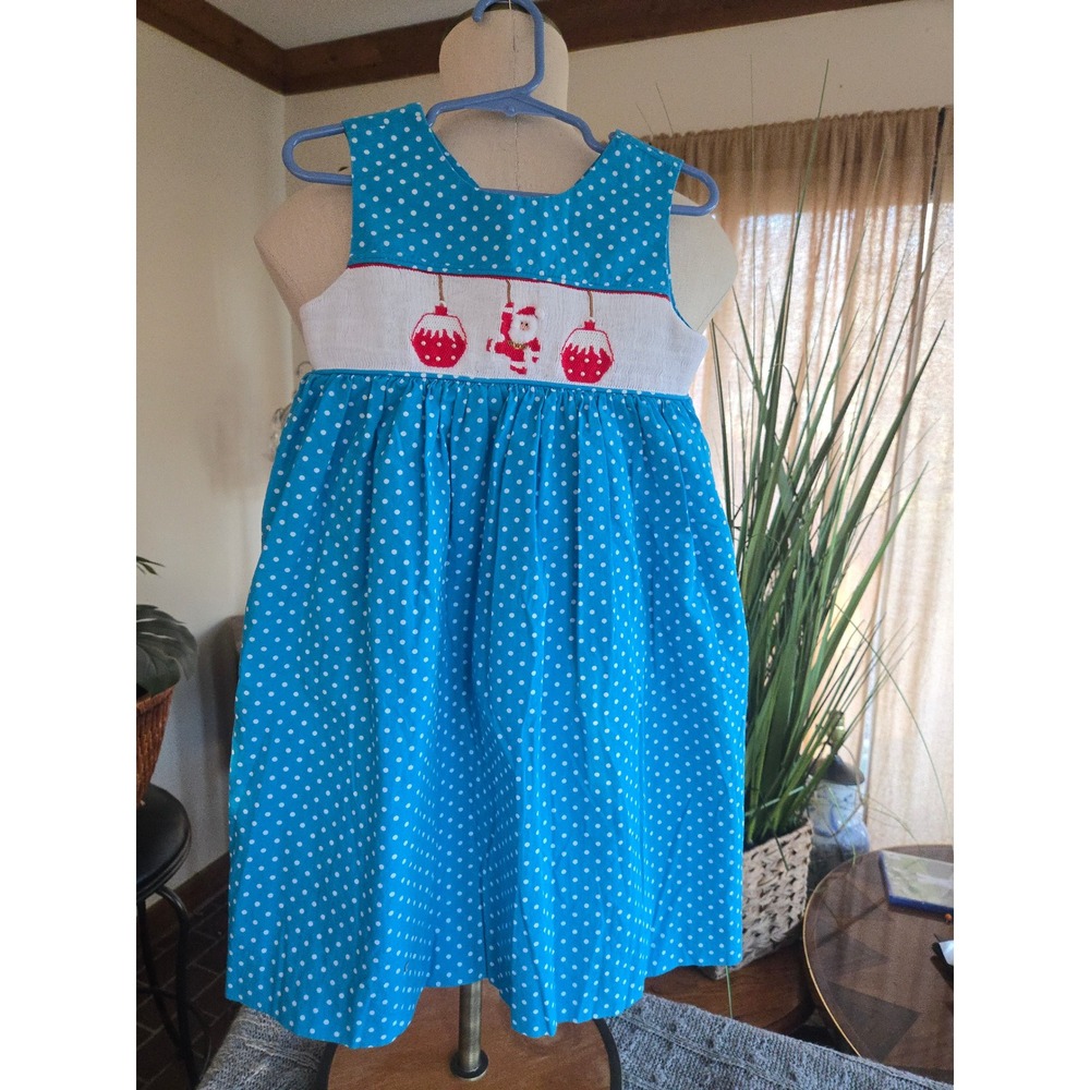 MOM&ME - Girls Blue White Polka Dot Santa Christmas Smocked Dress - Size 3T